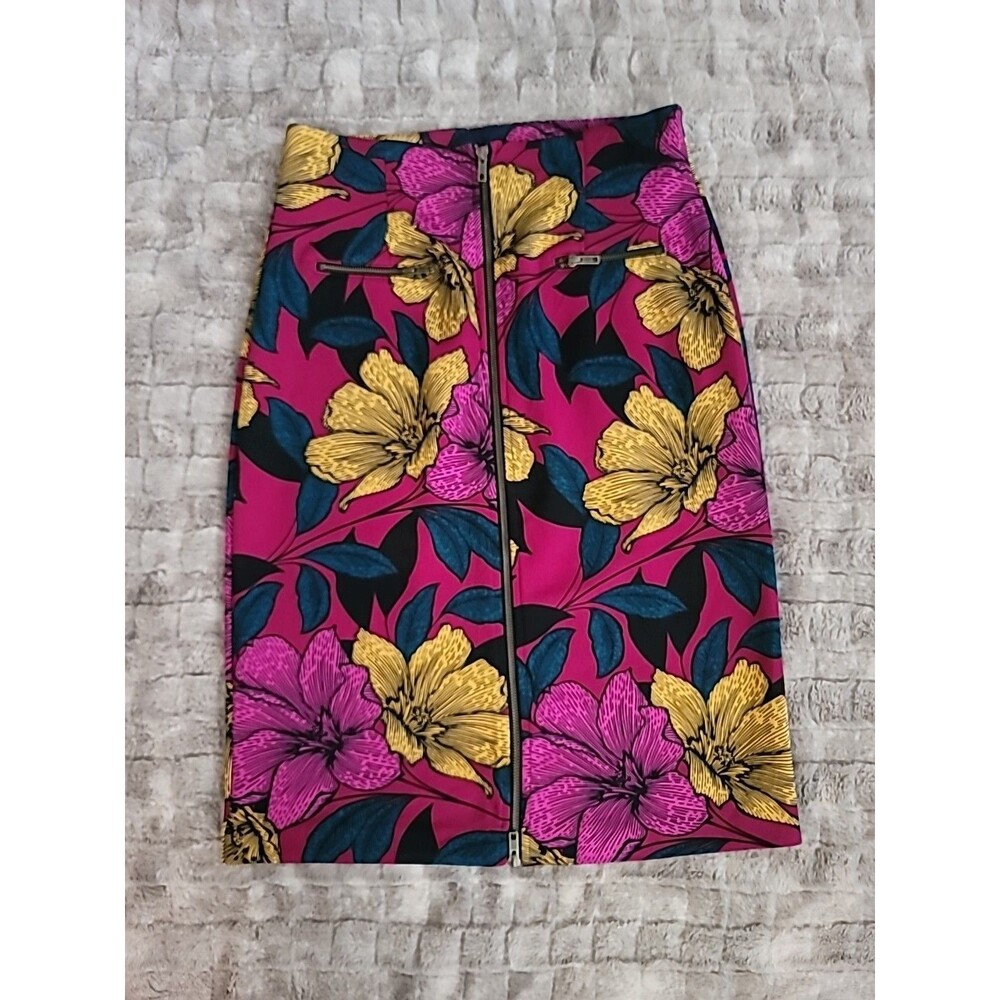 Worthington Bold Womens Yellow Purple Black Floral Midi Pencil Zip Skirt Size 12